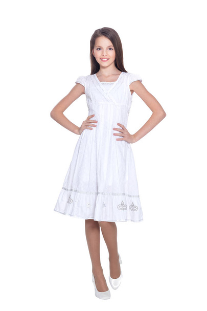 beautiful girl  in white dresss posing  isolated on white background - Foto, imagen