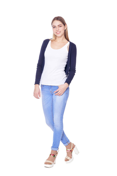 portrait of beautiful woman in jeans  posing isolate  on white   - Foto, afbeelding