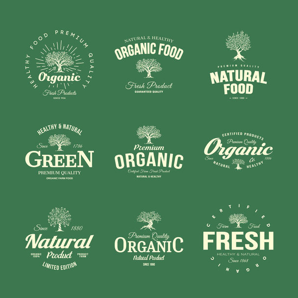 Organikus, természetes és egészséges farm friss élelmiszerek retro jelkép készlet. Olajfa vintage régi logó jelvény elszigetelt zöld háttér. Prémium minőségű zöld növény ökológiai emblémát illusztráció divattervezés. - Vektor, kép