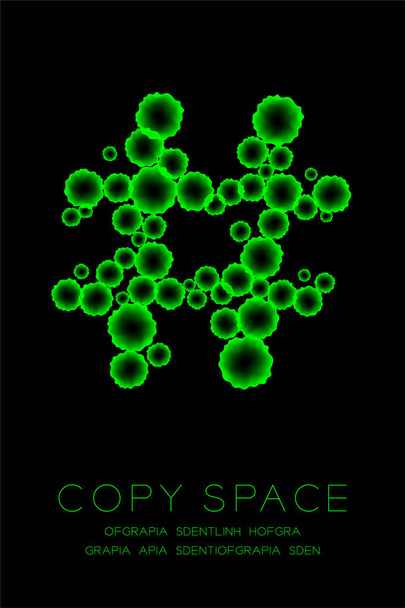 Hashtag σημάδι πράσινο χρώμα κακόβουλο λογισμικό ή ιό υπολογιστή έννοια ιδέα εικονογράφηση απομονωμένες λάμψη σε σκούρο φόντο, σύμβολο ασθένεια μικροσκόπιο κύτταρα εσωτερικη σετ - Διάνυσμα, εικόνα