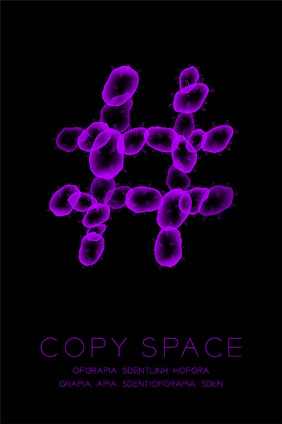 Hashtag σύμβολο μωβ χρώμα κακόβουλο λογισμικό ή ιό υπολογιστή έννοια ιδέα εικονογράφηση απομονωμένες λάμψη σε σκούρο φόντο, σύμβολο ασθένεια μικροσκόπιο κύτταρα εσωτερικη σετ - Διάνυσμα, εικόνα