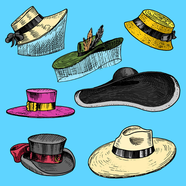 Yaz şapka koleksiyonu şık kadın, erkek ve bayanlar için. Retro moda vintage seti. Breton Panama, geniş-ağzına kadar kambur Cloche, Poke kaporta. Elle çizilmiş vintage kroki kazınmış. - Vektör, Görsel