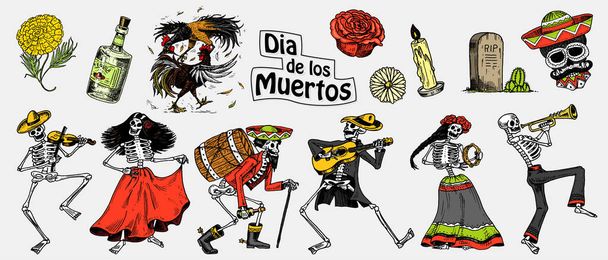 Tag der Toten. Mexikanischer Nationalfeiertag. originale Inschrift in spanischer Sprache dia de los muertos. Skelette in Kostümen tanzen, spielen Geige, Trompete und Gitarre. Handgezeichnete gestochene Skizze. - Vektor, Bild