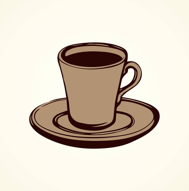 Yummy fresh morning mug of brewed coffe on white plate backdrop. Freehand outline black ink hand drawn picture emblem logotype in retro art scribble etch cartoon style pen on paper with space for text - Vector, imagen