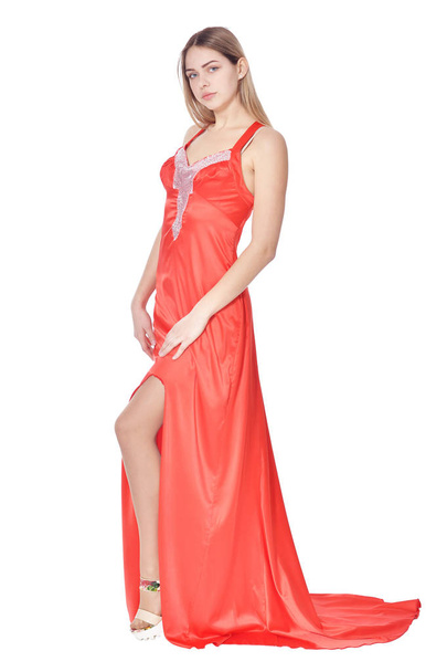 portrait of beautiful woman in  red dress  posing isolated  on white   - Zdjęcie, obraz