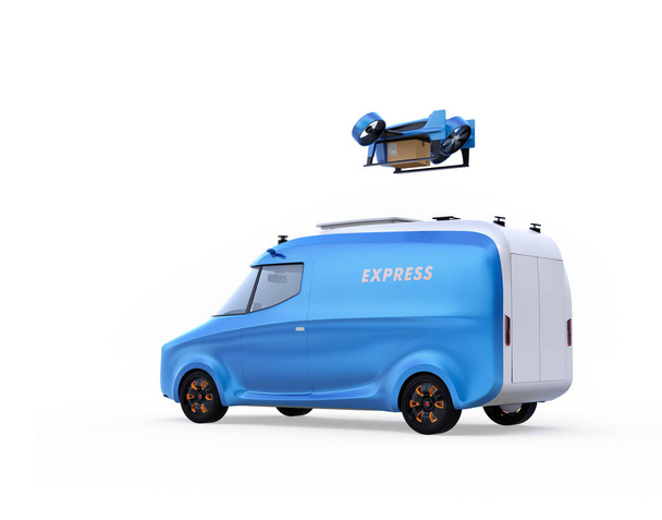 Delivery drone takeoff from two-tone electric powered delivery van on white background. 3D rendering image. - Photo, Image