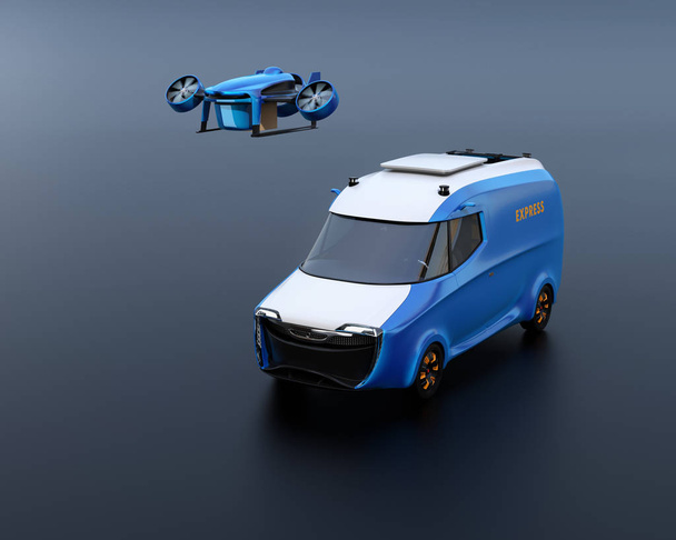 Despegue del dron de entrega de la furgoneta de entrega eléctrica en dos tonos sobre fondo negro. Imagen de renderizado 3D
. - Foto, Imagen