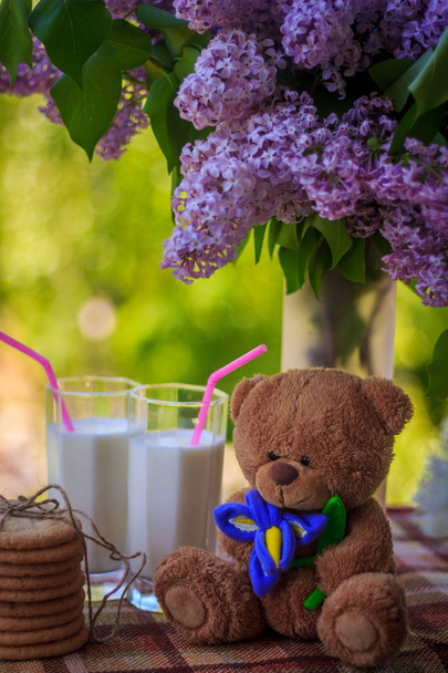 Keksejä, maitoa, kukkia ja pehmolelu.
 - Valokuva, kuva