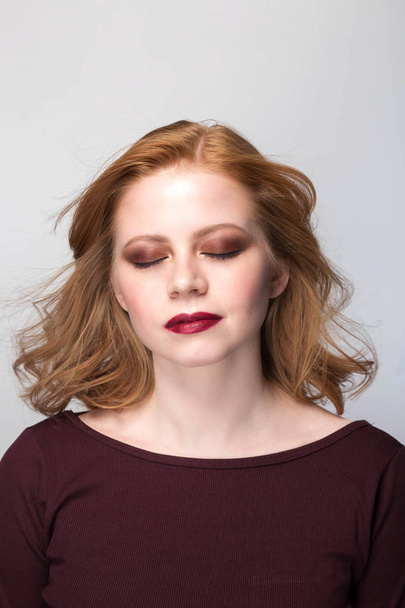 Sensual portrait of redheaded woman with closed eyes - Zdjęcie, obraz