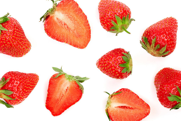 Strawberries isolated on white background. Top view. Flat lay pattern - Foto, afbeelding