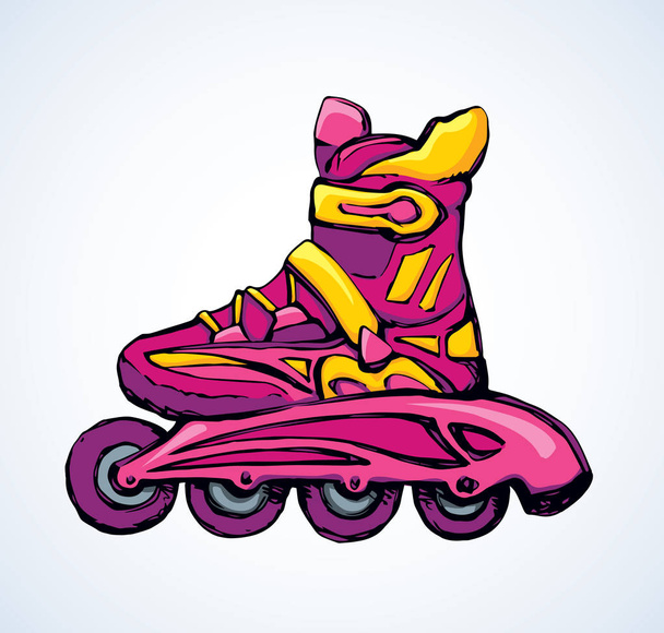 Nuove ruote rollerblade rosa corsa ruote disegno in linea su sfondo bianco pista di pattinaggio stradale. Vibrante colore magenta disegnato a mano rullo oggetto logo emblema in stile retrò art cartoon. Vista da vicino con spazio per il testo
 - Vettoriali, immagini