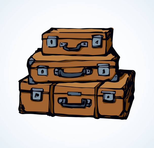 3 grands vieux sac de boîte de coffre de transport en cuir de couleur kaki fermé sur fond d'aéroport blanc. Avion vieilli beige Valise de valise porte tout. Esquisse d'emblème de logo dessinée à la main brun clair dans un style graphique art rétro
 - Vecteur, image