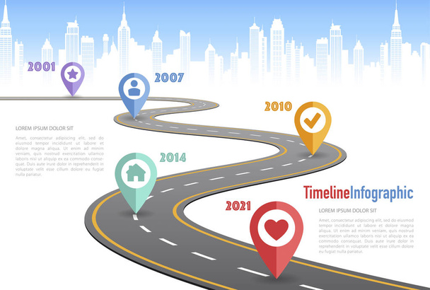 Vecteur Route courbe avec lignes blanches en perspective et éléments infographiques conçus pour un concept de timeline
 - Vecteur, image