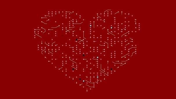 4k φουτουριστικό πλακέτα κυκλώματος με κινούμενα ηλεκτρόνια σε σχήμα καρδιάς, ηλεκτρονικές συνδέσεις, επικοινωνία, φουτουριστική τεχνολογία. - Πλάνα, βίντεο