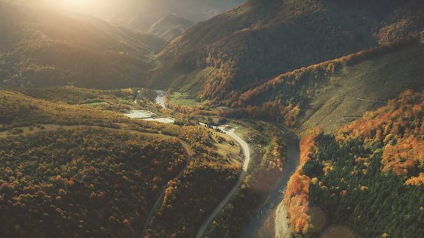 Aerial View of beautiful autumn mountain landscape - Фото, изображение