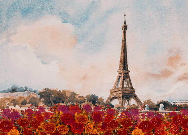 Krajobraz miasto europejskie Paryż. Francja, Wieża Eiffla, słynnego z czerwonych róż romantyczny Seine river widok jesienią, akwarela malarstwo ilustracja stylu vintage, skyline tło. landmark świata - Zdjęcie, obraz