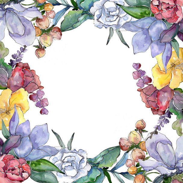 Tropical colorful bouquet. Floral botanical flower. Frame border ornament square. Aquarelle wildflower for background, texture, wrapper pattern, frame or border. - Фото, изображение