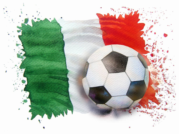 Piłka nożna, flaga Włochy - ręcznie rysowane akwarela malarstwo ilustracja na papierze stylowy sztuka projektowania tekstury na białym tle element karty, zaproszenia, karty podarunkowe, ulotki, broszury reklamować - Zdjęcie, obraz