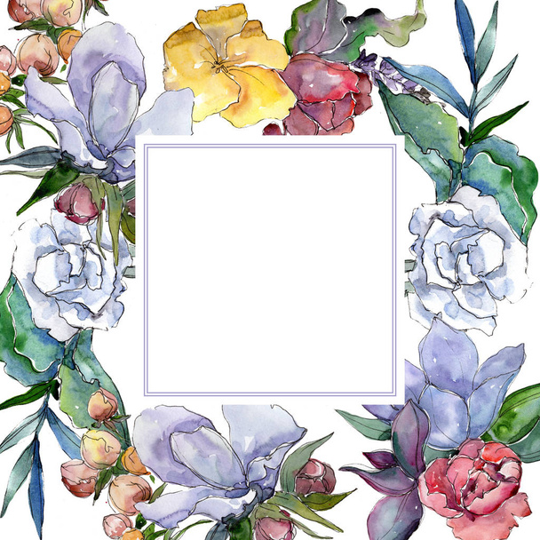 Tropical colorful bouquet. Floral botanical flower. Frame border ornament square. Aquarelle wildflower for background, texture, wrapper pattern, frame or border. - Fotoğraf, Görsel