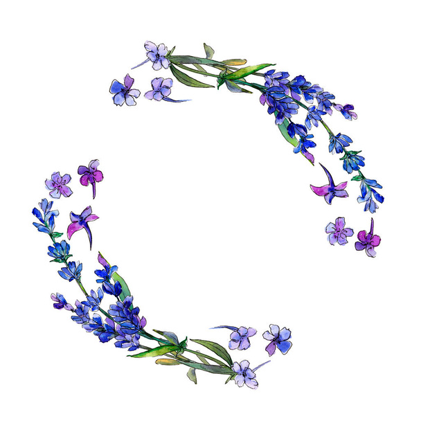 Paarse lavendel. Floral botanische bloem. Frame grens ornament vierkant. Aquarelle wildflower voor achtergrond, textuur, wrapper patroon, frame of rand. - Foto, afbeelding