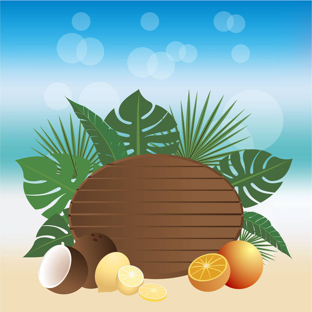 Summer banner beach style vector illustration , wood desk and tropic fruits with blurred sky  ,sea and sand paradise - Vektor, kép