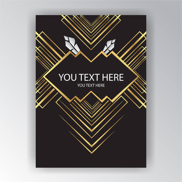 Art Deco style page template, native Indian texture and feathers , golden black  menu design , book cover  - Вектор, зображення