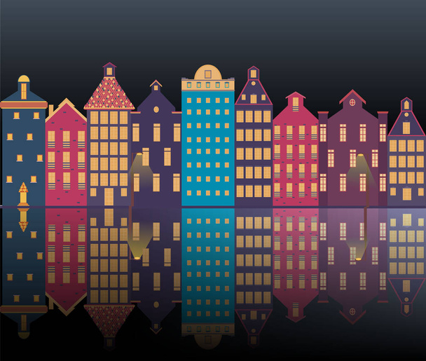Amsterdam kaupunki maisema futuristinen kaunis kuva, vektori julkisivut pilvet, kanava, aurinko, talot .Holland, turisti kaupunkien kuvitus
 . - Vektori, kuva