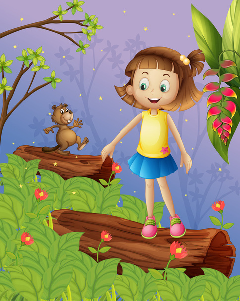 A girl and a beaver in the jungle - Vector, Image