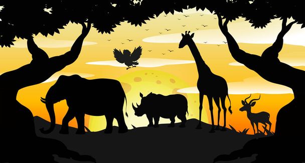 Σιλουέτα Safari σκηνή στο απεικόνιση αυγής - Διάνυσμα, εικόνα