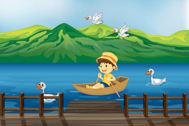 Un garçon sur un bateau en bois
 - Vecteur, image