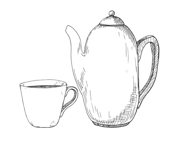Hand drawn kettle and a mug. Vector illustration of a sketch style - Vektor, obrázek