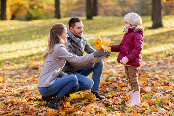 happy family with maple leaves at autumn park - Φωτογραφία, εικόνα