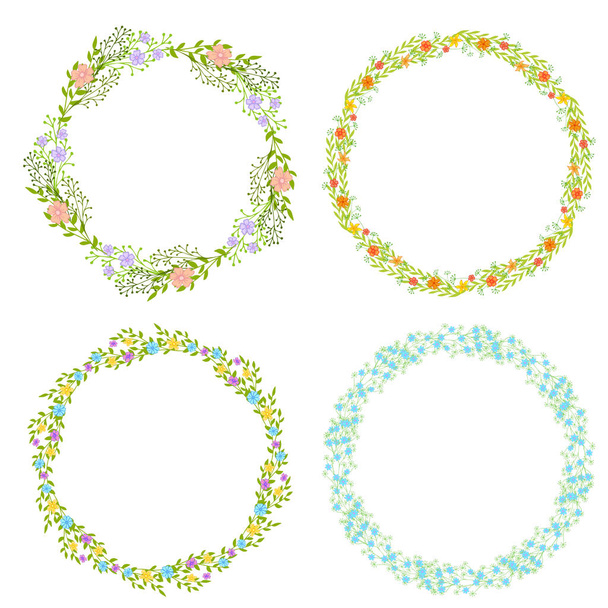 Set of wreath of wild flowers with leaves. A floral round frame with a place for your text. Suitable for greeting cards, wedding invitations, promotional leaflets. - Vektori, kuva