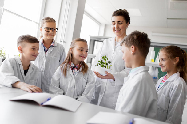 students and teacher with plant at biology class - Foto, Bild