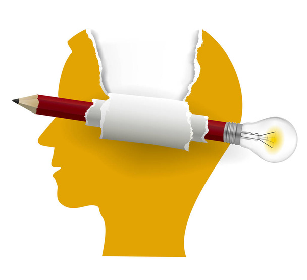 Smart Solutions, Papierkopfkonzept. stilisierte männliche Kopfsilhouette mit kreativem Bleistift mit Glühbirne. Platz für Ihren Text. isoliert auf weißem Hintergrund, Vektor verfügbar.  - Vektor, Bild