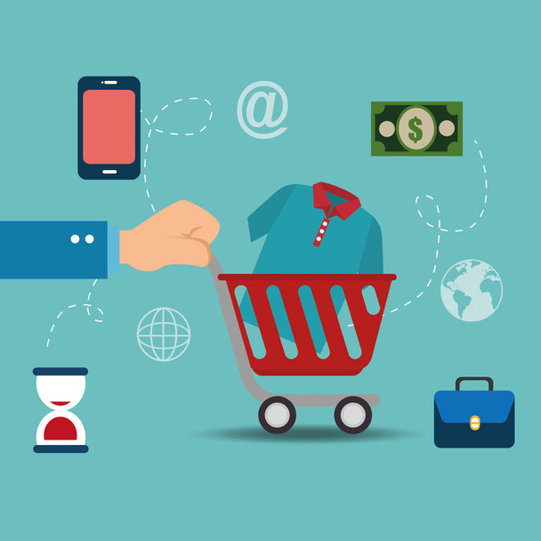 shopping cart with electronic commerce icons - Vector, Image