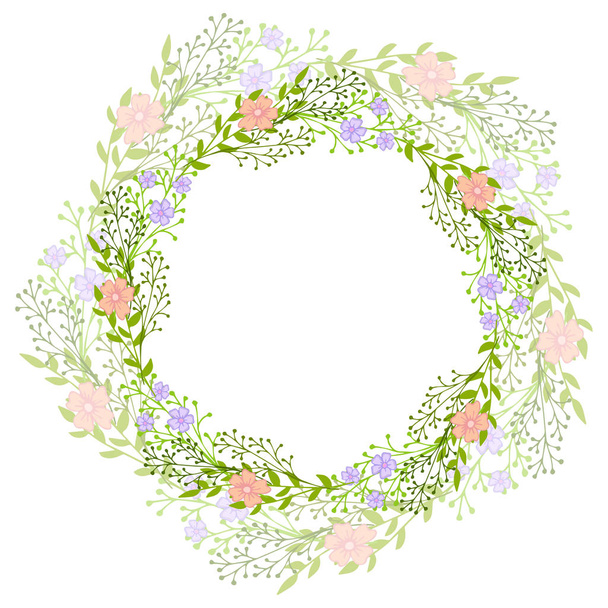 Kranz aus Wildblumen mit Blättern. ein floraler runder Rahmen mit einem Platz für Ihren Text. geeignet für Grußkarten, Hochzeitseinladungen, Werbebroschüren - Vektor, Bild
