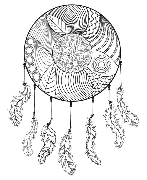 Dreamcatcher. Hand drawn american indians symbol. Zentangle. Black and white illustration for coloring. Zen art. Design for spiritual relaxation for adults. Unique image for design. Line art - Wektor, obraz