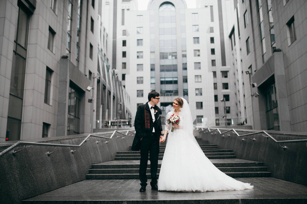 happy young  beautiful  couple  in city - Фото, изображение