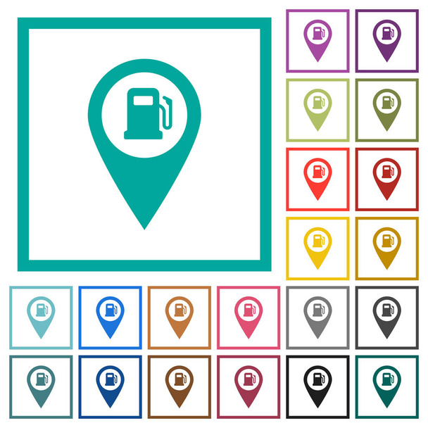 Расположение на заправке GPS карта с плоскими цветовыми иконками с квадратными рамками на белом фоне
 - Вектор,изображение