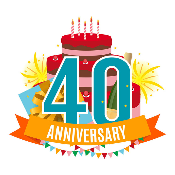Modèle 40 ans anniversaire Félicitations, carte de vœux avec gâteau, boîte cadeau, feux d'artifice et ruban Invitation Illustration vectorielle
 - Vecteur, image