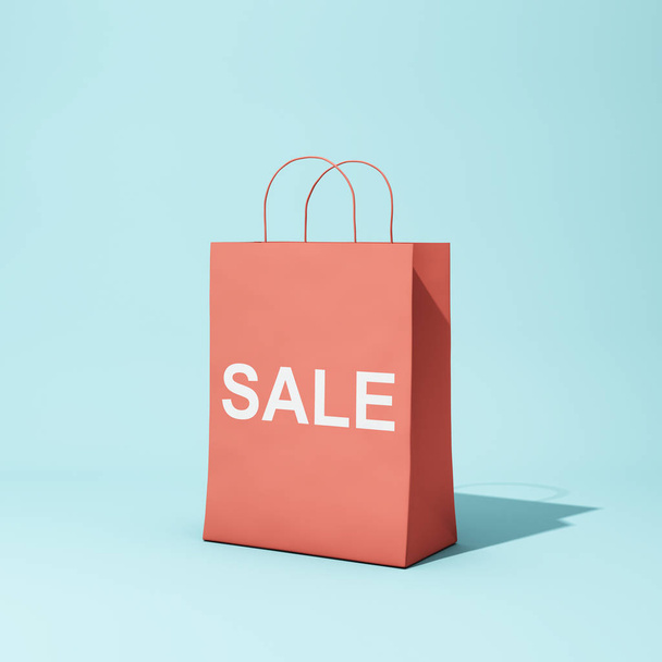 Red shopping bag with discount on blue background. 3D illustration. - Foto, Imagem