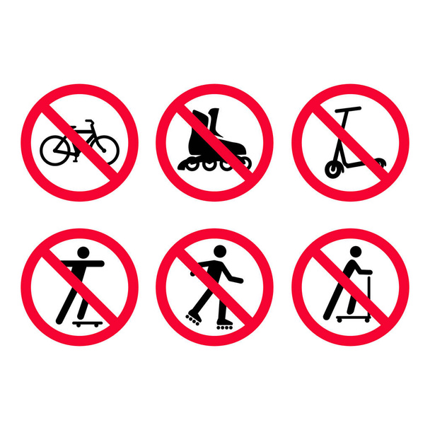 Ορίστε κόκκινες απαγορευτικές πινακίδες. Δεν ποδήλατα, ποδηλασία, καμία πατινάζ, δεν σκούτερ. - Διάνυσμα, εικόνα