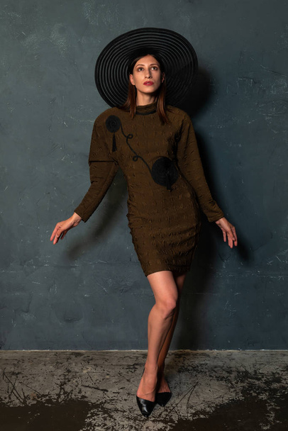 Tall slender Ukrainian brunette in a brown dress and black hat - Zdjęcie, obraz