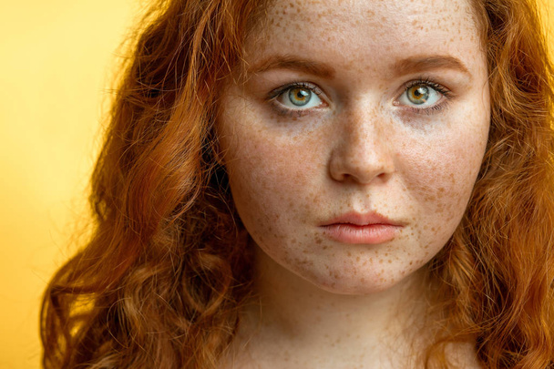 Close-up of beautiful red-haired freckled girl with loose curly hair - Fotografie, Obrázek