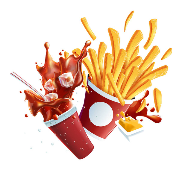 Soda and Fries Dynamic Collision. Vector Objects Isolated on White Background. - Vector, Image