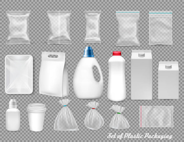 Big set of polypropylene plastic packaging - sacks, tray, bottels, boxes, cups on transparent background. Vector illustration  - Wektor, obraz