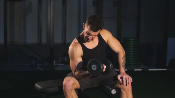 young and beautiful sportsman athlete bodybuilder man doing exercises for the muscles of the hands of dumbbells in the gym - Filmmaterial, Video