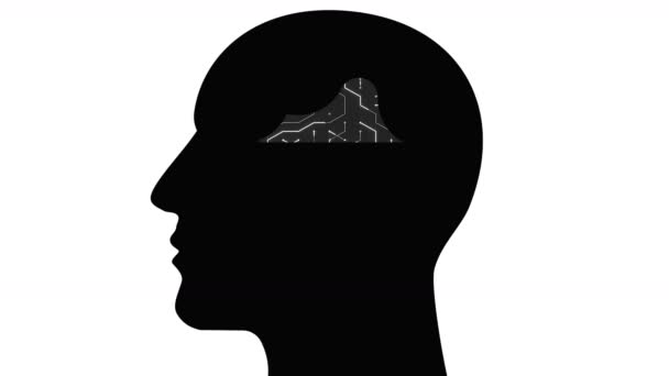 4k tête de cerveau connecter la pensée des lignes numériques, l'expansion de l'intelligence artificielle, puce cpu circuit imprimé futuriste avec des électrons en mouvement en forme d'animation concept cloud computing
. - Séquence, vidéo
