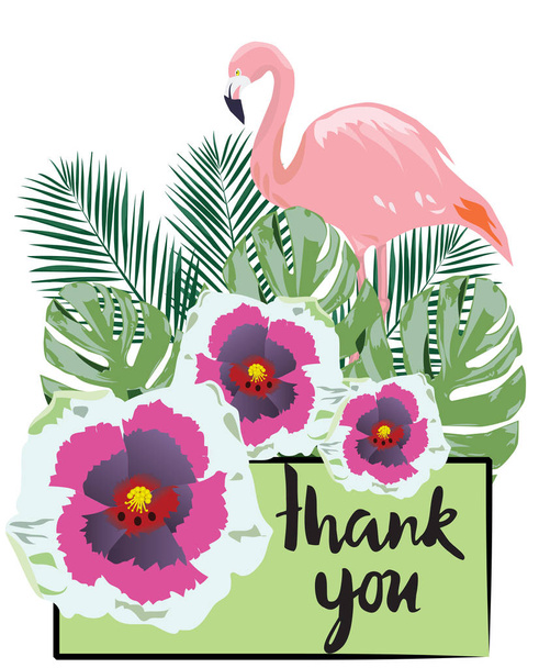 Vector εικονογράφηση της μια ευχαριστήρια κάρτα με φλαμίνγκο, λουλούδια, να palm φύλλα - Διάνυσμα, εικόνα